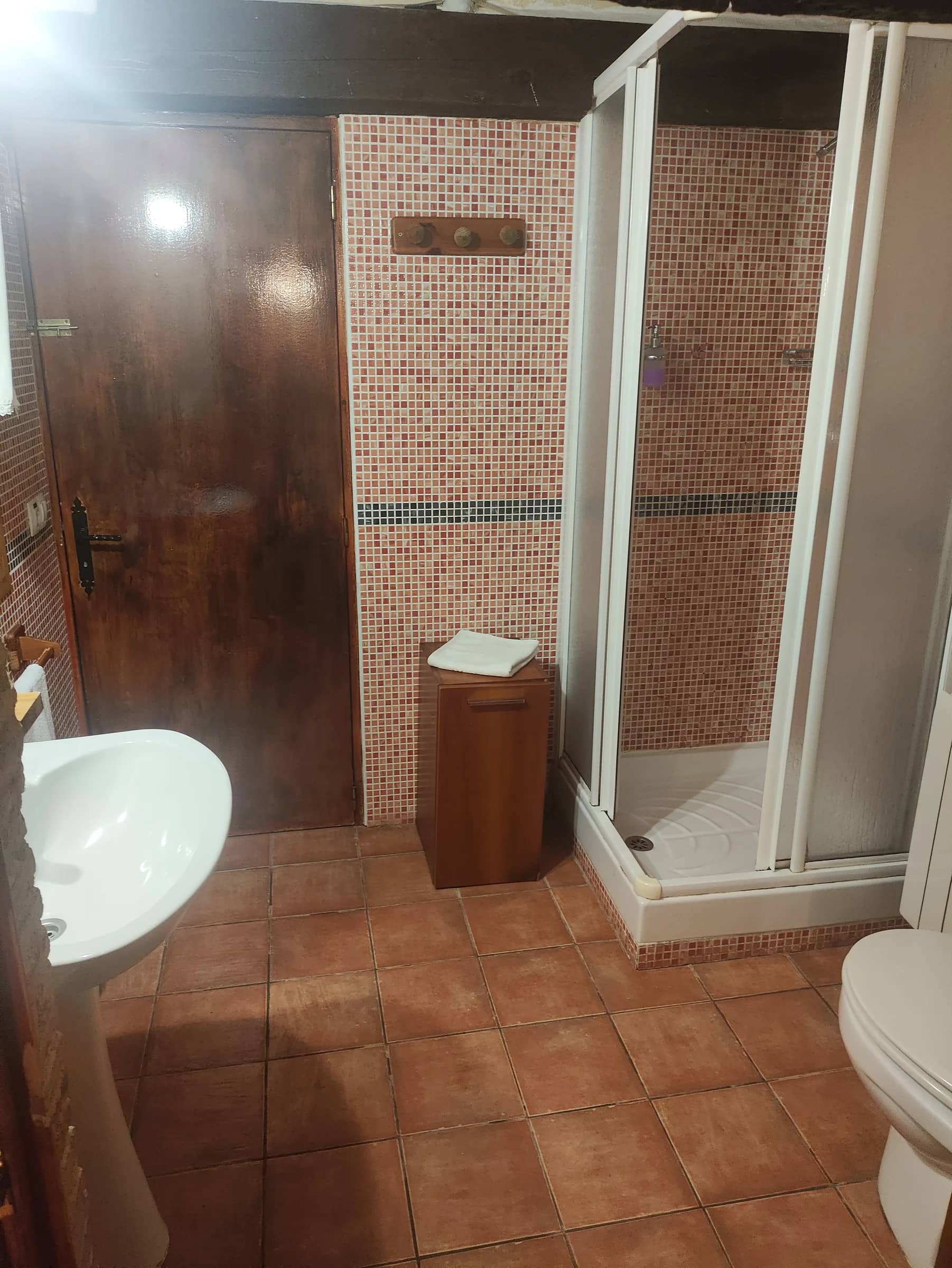 Baño de la casa rural con plato de ducha, gresite y suelo de barro cocido